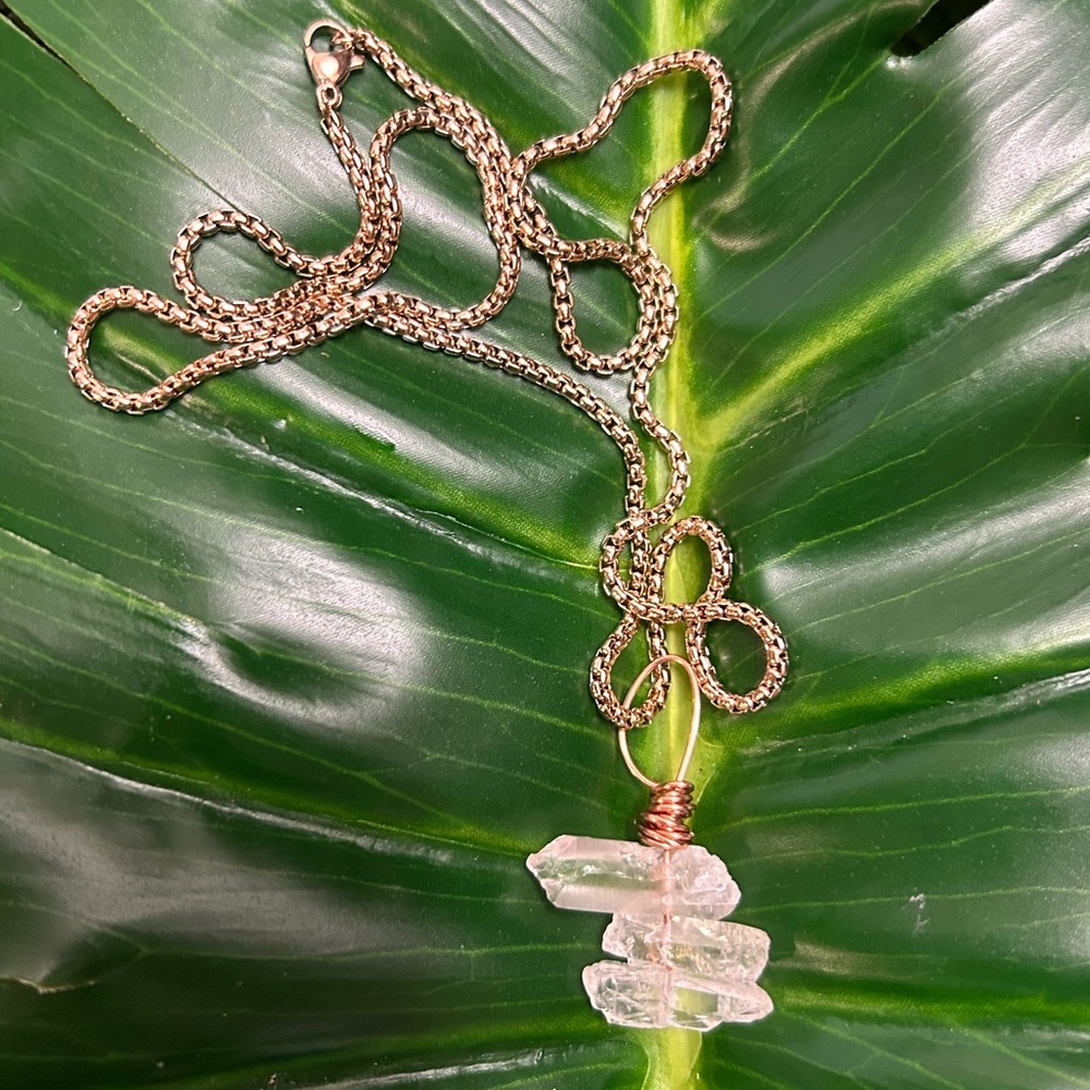 clear quartz tripple wire wrapped rose gold crystal pendant stainless necklace
